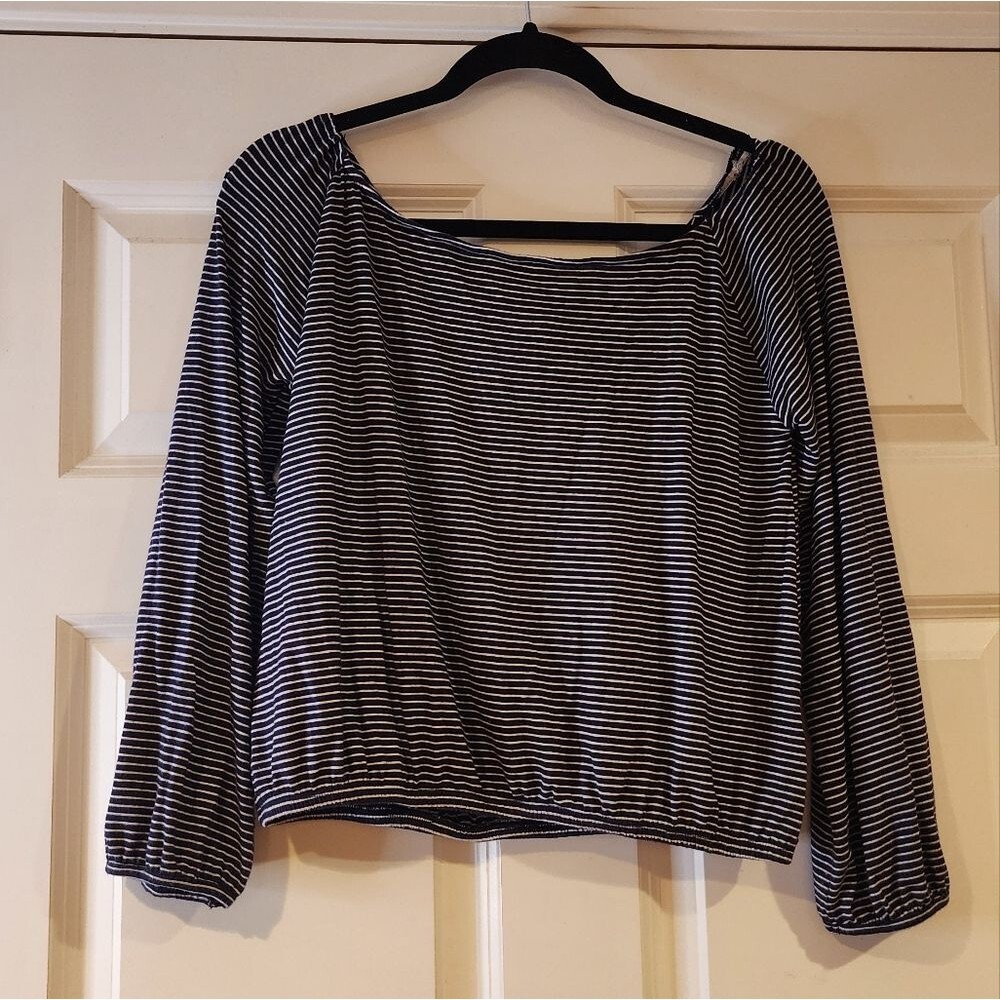 Express One Eleven stretchy dark blue and white striped long sleeve blouse M